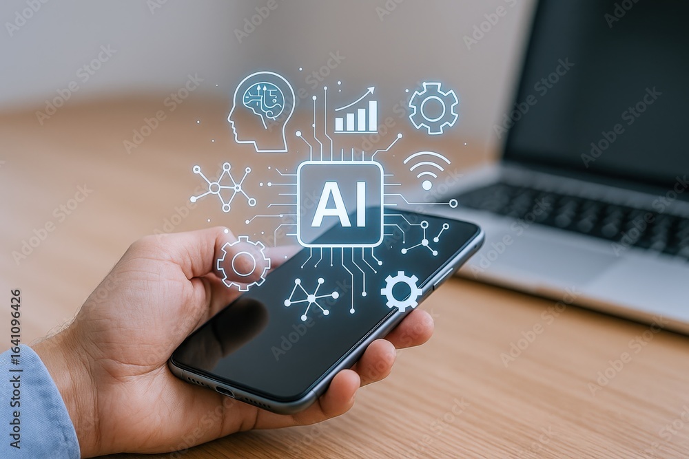 Poster artificial intelligence mobile application concept: close-up of hand holding smartphone with ai inte