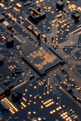 Circuit board shows illuminated pattern. Technology conducts cryptocurrency trading information through core processing. Data flows across the system.