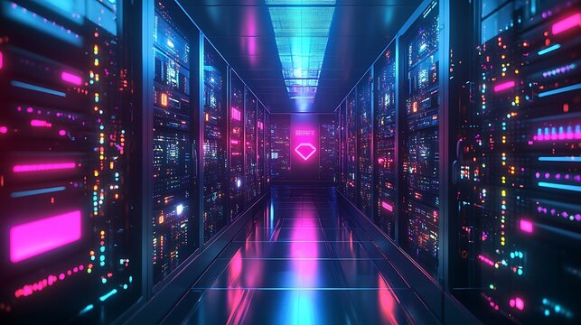 A server room glowing with digital crypto-mining rigs and blockchain transaction visuals 
