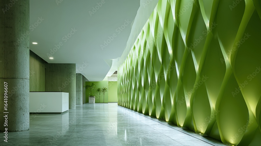 Poster modern lobby interior with green textured wall and minimalist design elements creating an appealing 