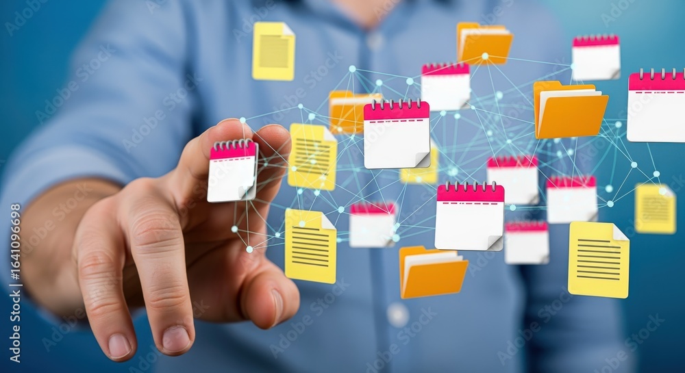 Poster man interacting with virtual data and calendar icons: representing digital organization and informat
