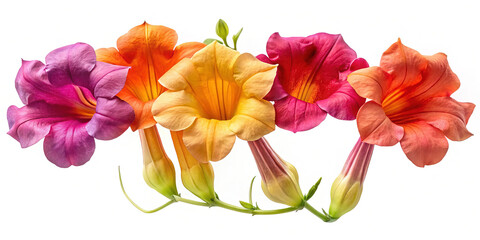 Colorful row of Trumpet Vine flowers blooming on a white background creating beauty