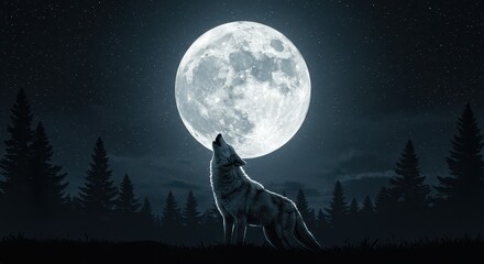 Mystic Night: A lone wolf serenades the night sky, positioned before an ethereal full moon, its silhouette a testament to nature's untamed spirit.
