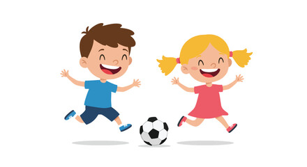 Cheerful cartoon children, a boy and a girl, joyfully playing soccer with a ball on a white background.