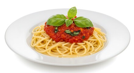 Delicious Spaghetti Pasta with Tomato Sauce and Fresh Basil on a White Plate