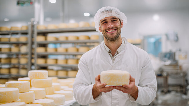 A modern cheesemaker in a white work coat and protective hat stands in a clean, bright production room. He holds a freshly made wheel of cheese in his hands. - Powered by Adobe