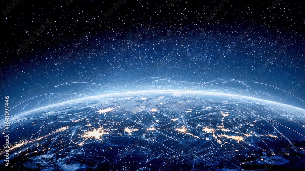 Poster global network connections: high-tech communication infrastructure across the world represented with