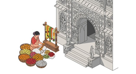 Woman Arranging Colorful Flower Garlands at Ornate Temple Entrance