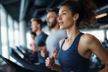 Fototapeta premium Focused young woman running on treadmill with group workout in modern gym interior
