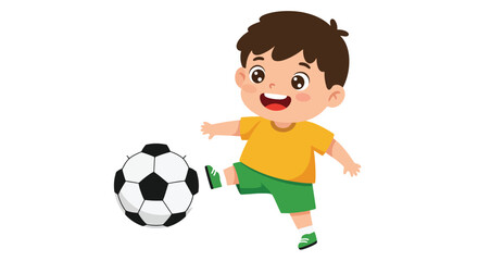 A cheerful cartoon boy in a yellow shirt and green shorts is actively kicking a classic black and white soccer ball.