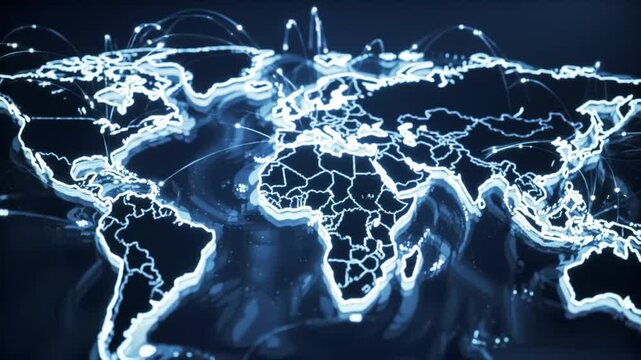Dynamic global network connections illuminate the world map in stunning blue light