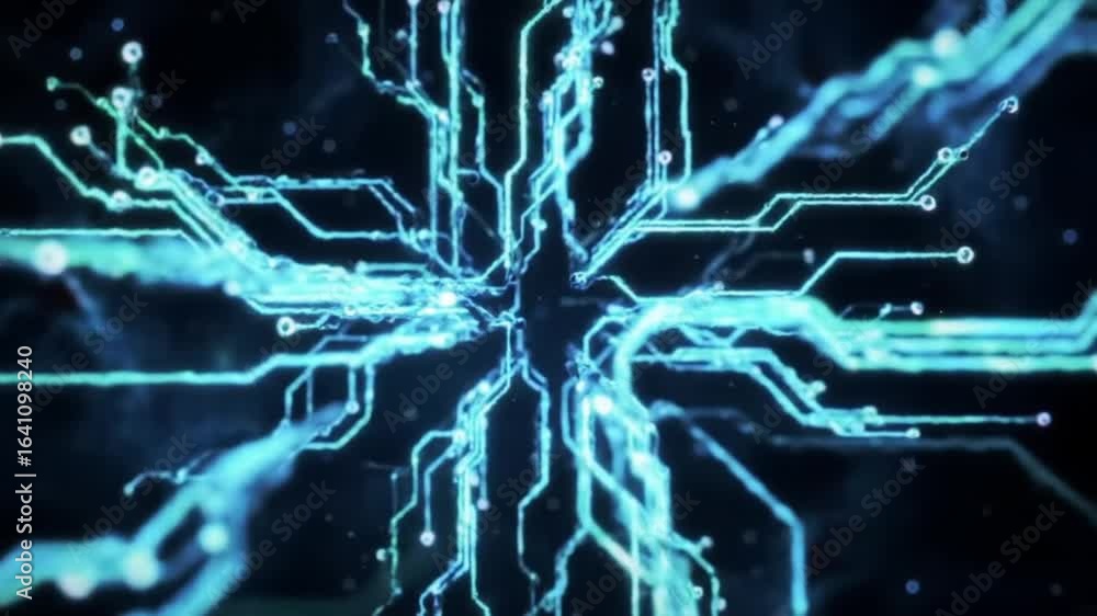 Poster dynamic glowing blue circuit board pulsing with digital energy and data flow