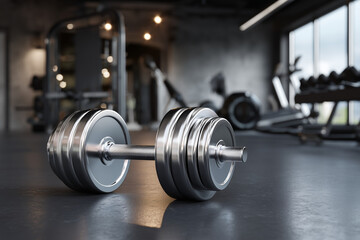 Naklejka premium Close-up of a shiny metal dumbbell on the gym floor with blurred fitness equipment in the background