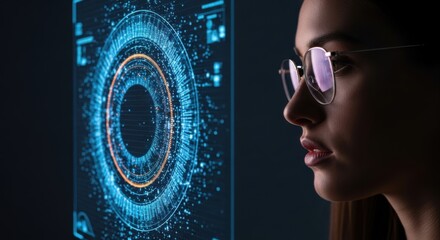 Woman wearing glasses looking at a futuristic digital interface with glowing blue concentric circles and data