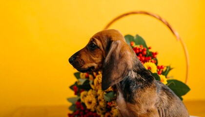 Puppy with fall flowers