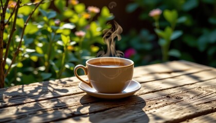 A rustic wooden table holding a ceramic cup of herbal tea, steam rising in delicate wisps