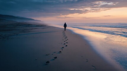 Naklejka premium Solitary Figure Walking Along a Serene Beach at Sunset with Footprints on Wet Sand and Gentle Waves Reflecting Soft Colors of Dusk