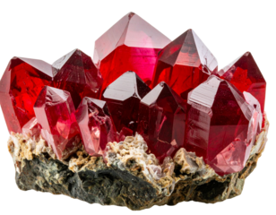 Ruby Mineral Specimen Cluster with Matrix Rock Base, Natural Lighting, Isolated