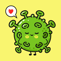 A friendly virus with a heart speech bubble on a vibrant yellow backdrop.