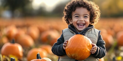Child holding pumpkins laughing outdoors smiling.