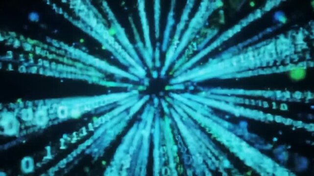 Dynamic blue digital data stream vortex with binary code animation