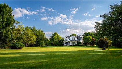 Obraz premium Spacious white house surrounded by lush green trees and lawn.