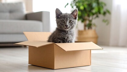 Cute gray kitten in cardboard box