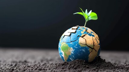 Cracked earth globe green plant sprout soil hope environmental conservation sustainability growth climate change sustainability - Powered by Adobe