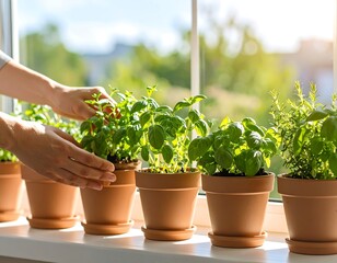 Hands tending to potted herbs on a sunny windowsill (1)