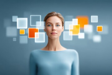 Minimal concept of Businesswoman interacting with floating holographic interface in airy office void, gestures controlling data panels, creativity, empowered leadership, digital painting style, soft