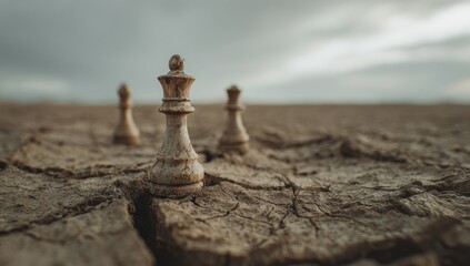 Three chess pieces, likely kings and queens, stand on cracked, arid earth under a cloudy sky