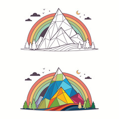 Prismatic Mountain Landscape with Rainbow and Forest, with Abstract Geometric Shapes.