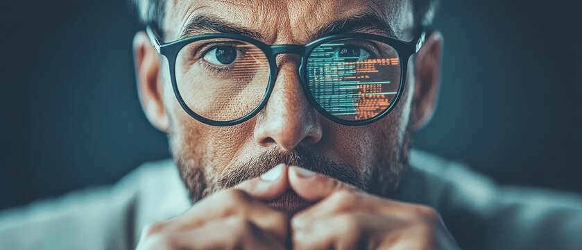 Focused individual fingers folded reflecting digital currency exchange market data in glasses thinking about investment or stock analysis