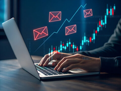 Businessman Using Laptop with Email Marketing and Financial Graphs
