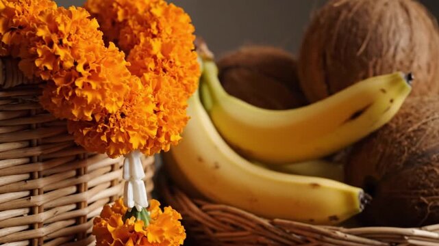 traditional marigold garland bananas coconuts basket offerings
