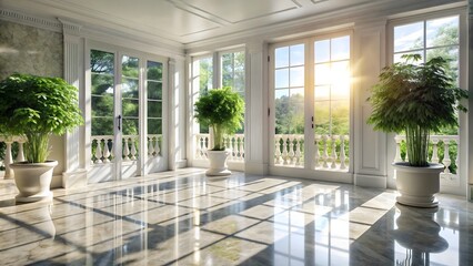 Photo of sundrenched elegant room with marble floors and large french doors opening to a garden, featuring lush potted trees that cast beautiful light and shadow patterns
