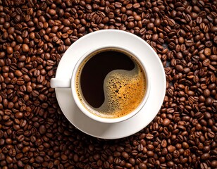 Naklejka premium Coffee cup with dark roast coffee surrounded by beans