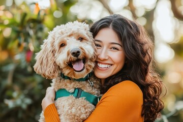 Woman holding goldendoodle dog happy photography background.