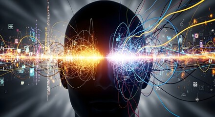 A dark silhouette of a head with vibrant orange and blue energy streams symbolizing thought, data, and creativity.