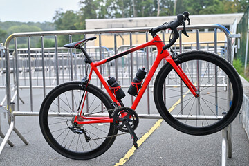 Red Bicycle hanging in locker space