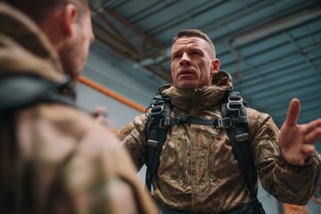 Engaged Military Personnel in Tactical Gear Discussing in Indoor Environment During Training or Operation Preparation