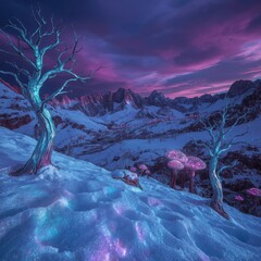 Enchanting Winter Landscape with Bioluminescent Flora and Majestic Mountains Under a Twilight Sky