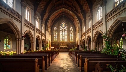 Grand church interior, sunlight beams