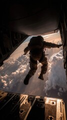Dramatic Sunset Skydiver Leaping from Aircraft Door Above Cotton Candy Clouds at Dusk
