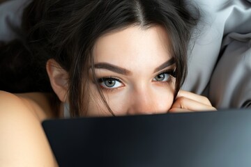 Obraz premium Beautiful girl posing in front of a web camera. Concept of online flirting, sex on the Internet. Ai Generative