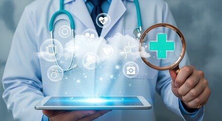 Medical Professional Examining Healthcare Data with Digital Tablet and Magnifying Glass for Innovative Solutions
