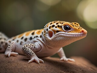 Detailed close-up of a leopard gecko with bright orange and black spotted skin, resting on a rock.