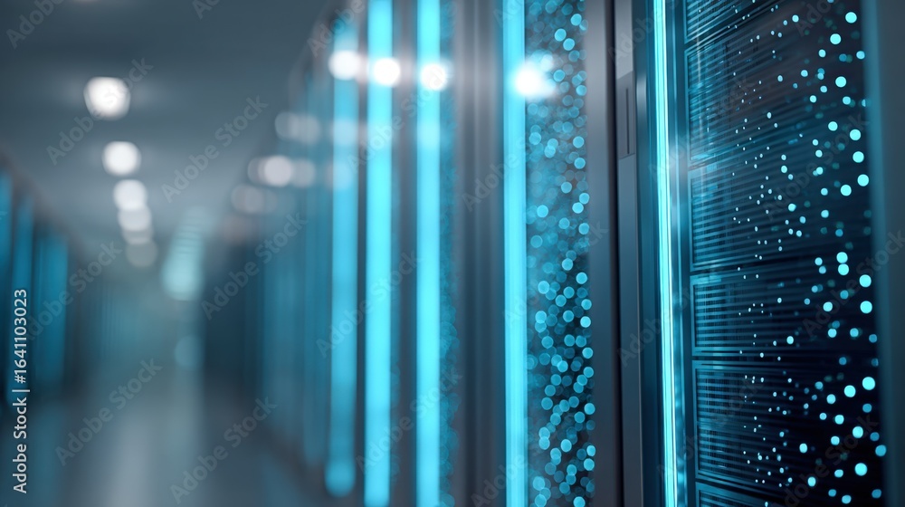 Poster data center infrastructure: server racks in a modern computing environment with blue illumination