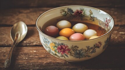 Tangyuan sweet glutinous rice balls in floral bowl traditional chinese dessert food photography still life