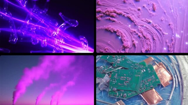 Neon-colored collage of plastic, polluted water, smoke, and e-waste